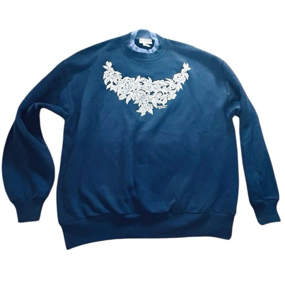 Vtg MORNING SUN WOMAN Floral Crewneck Sweatshirt Grandma Size XL Woman Navy Blue